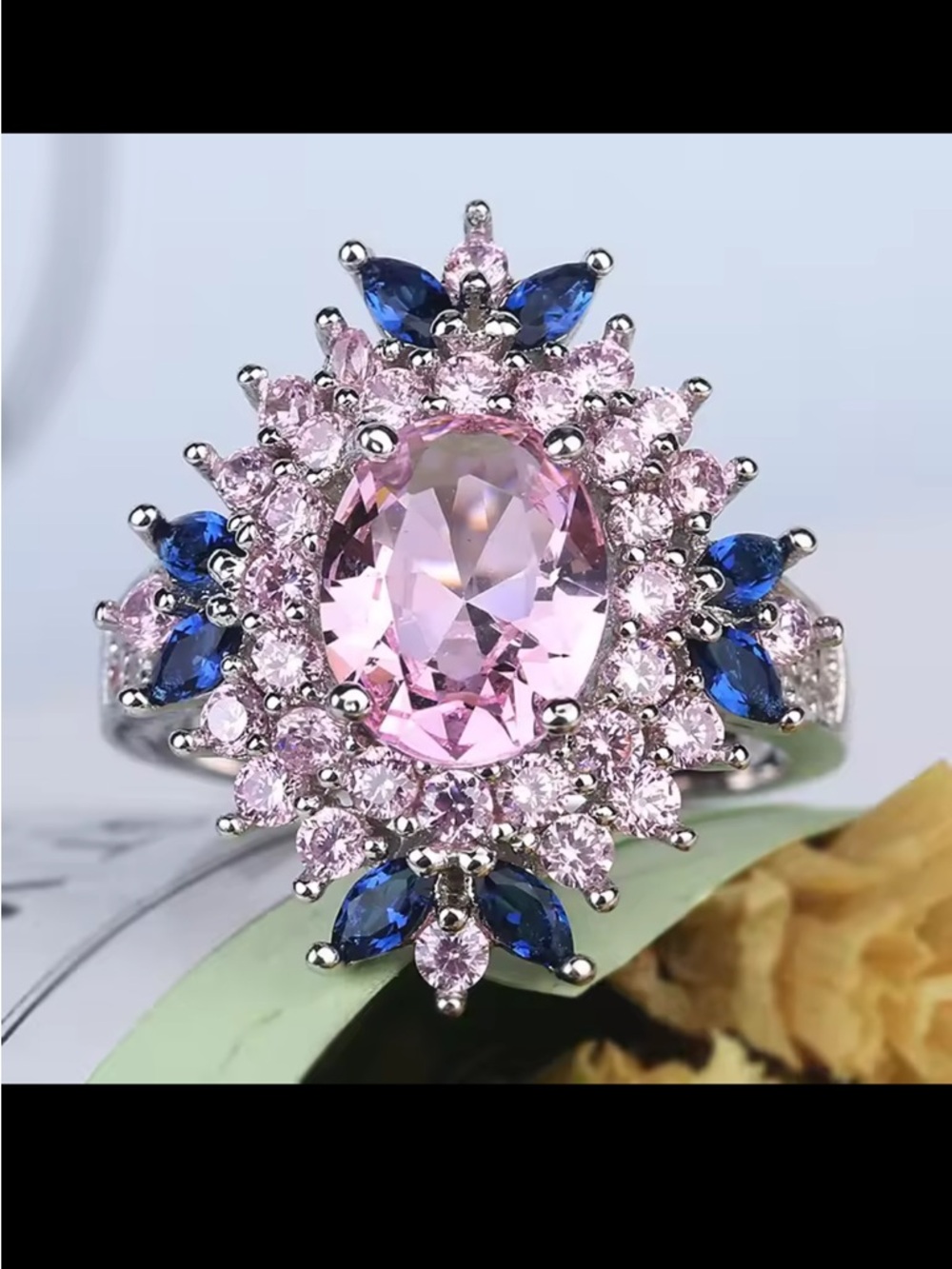 925 Sterling Silver Pink Blue Cocktail AAA Zirconia Ring  NEW IN BOX  Size 6